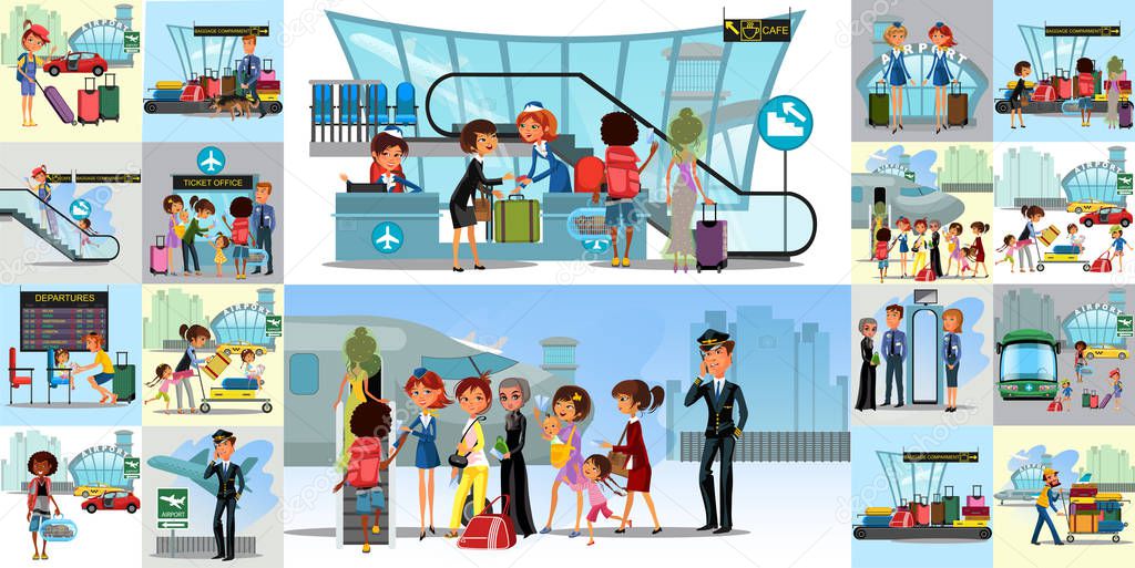 People in airport flat color icons set of pilot stewardess tourists with travel bags at checkpoint and security screening isolated vector illustration