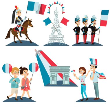 children boy and girl on national holiday france, kids with balloons in hand walking down street against background of eiffel tower on Bastille Day vector illustration. clipart