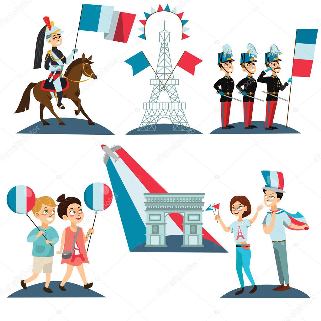 children boy and girl on national holiday france, kids with balloons in hand walking down street against background of eiffel tower on Bastille Day vector illustration.