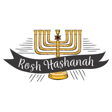 Rosh Hashanah metin yazı. Mutlu Yahudi yeni yılı menora tebrik kartı tasarım logo vektör çizim karikatür beyaz arka plan üzerinde izole ile