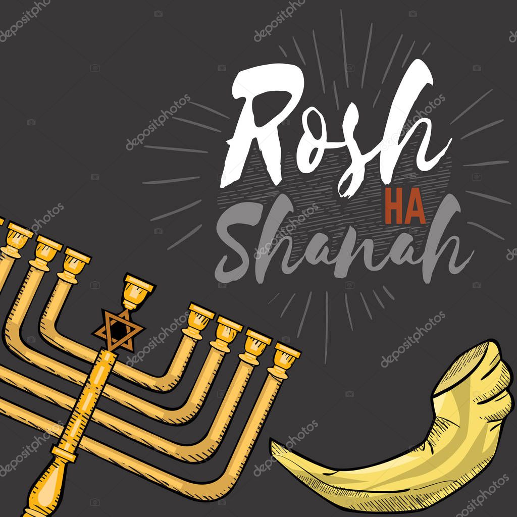 Rosh HaShanah text lettering. Happy Jewish New Year Menorah greeting card design with logo vector illustration cartoon isolated on white background.