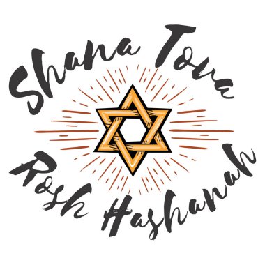 Rosh Hashanah metin yazı. Mutlu Yahudi yeni yıl tebrik kartı tasarımı ile beyaz arka plan üzerinde izole logo vektör çizim karikatür