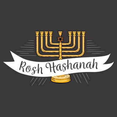 Rosh Hashanah metin yazı. Mutlu Yahudi yeni yılı menora tebrik kartı tasarım logo vektör çizim karikatür beyaz arka plan üzerinde izole ile