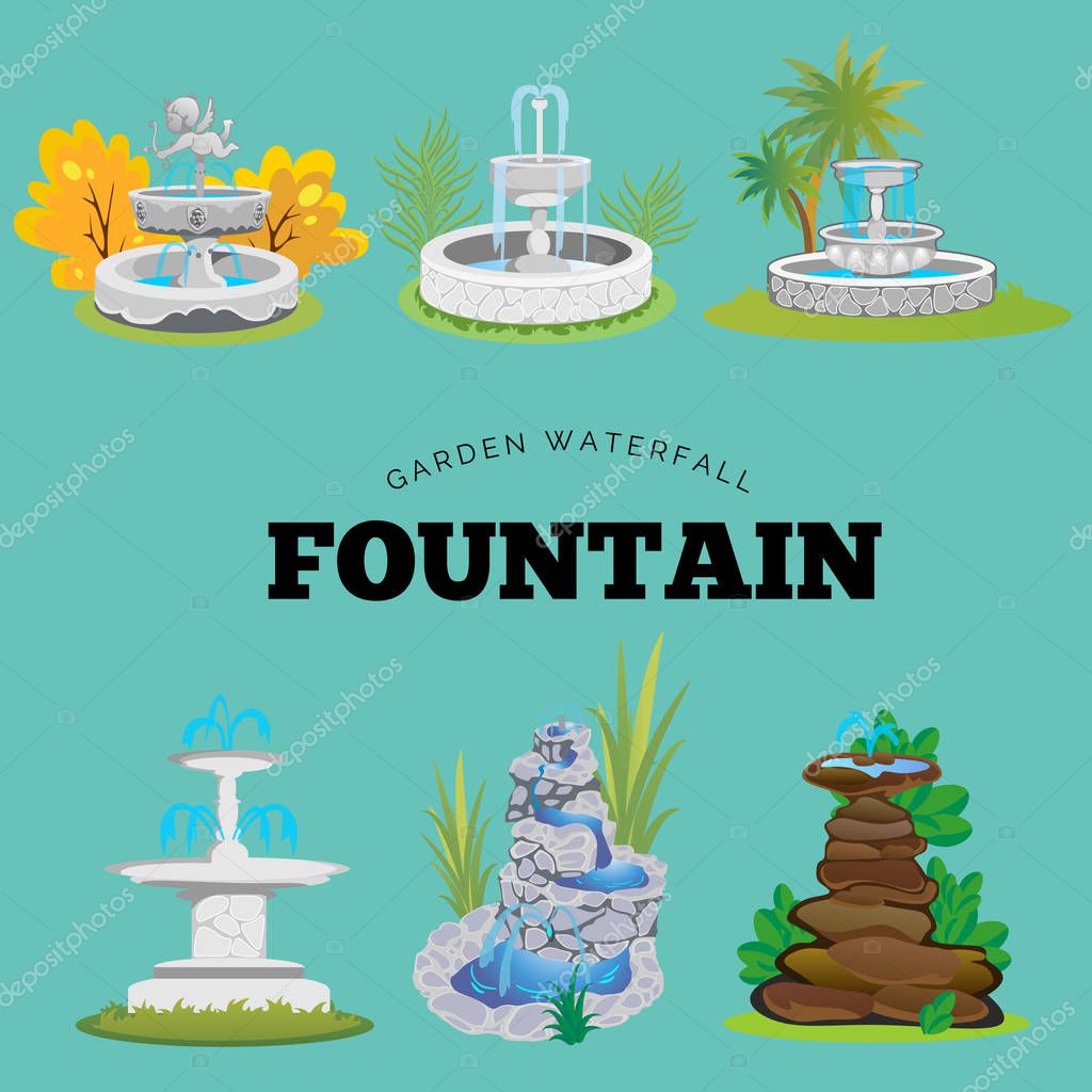 Set of outdoors fountain for gardening, spring and summer plants around garden waterfall, autumn back yard decorative stone statue vector illustration.