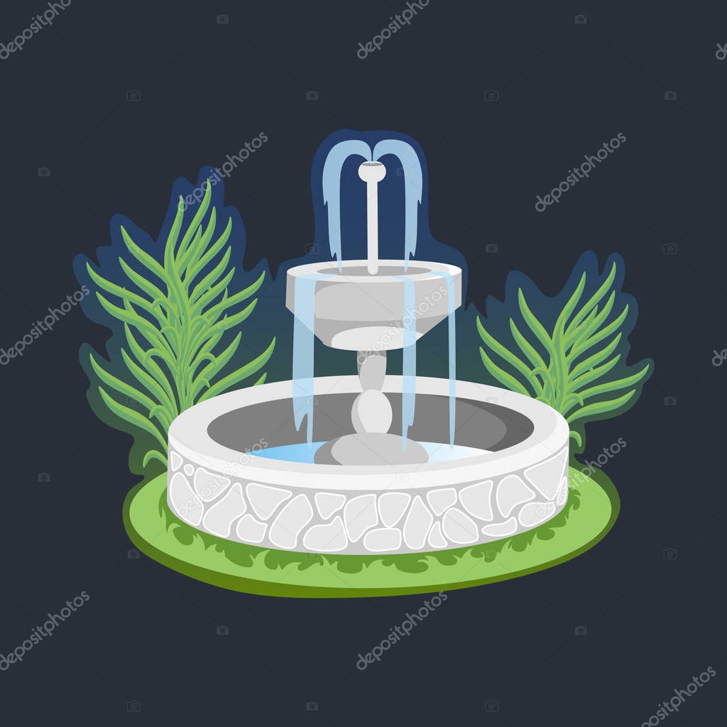 Set of outdoors fountain for gardening, spring and summer plants around garden waterfall, autumn back yard decorative stone statue vector illustration.