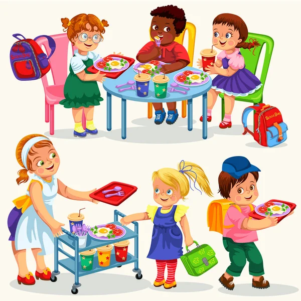 Schoolkinderen met lunch — Stockvector