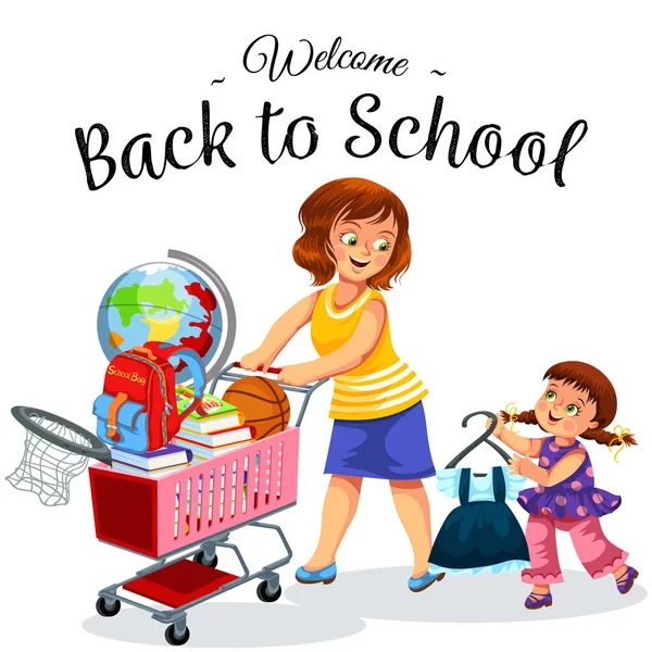 Scuola shopping con mamma poster — Vettoriale Stock