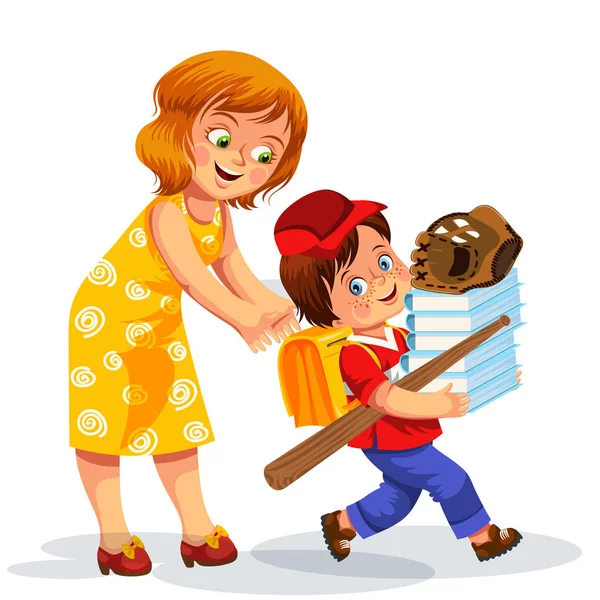 Matka i syn, Dokonywanie Przygotowanie szkoły — Wektor stockowy