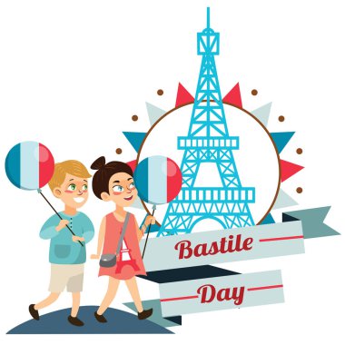 çocuk erkek ve kız ulusal tatil Fransa, çocuklar balonlu el Bastille günü vektör çizim Eyfel Kulesi çerçevede caddeden aşağı yürüyüş