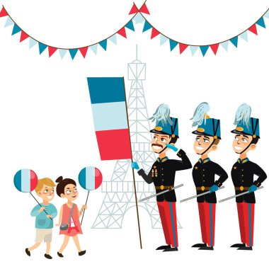 Happy kids boy and girl with national balloons watch Military parade during ceremonial of french national holiday Bastille day vector illustration, officer army on ceremony clipart