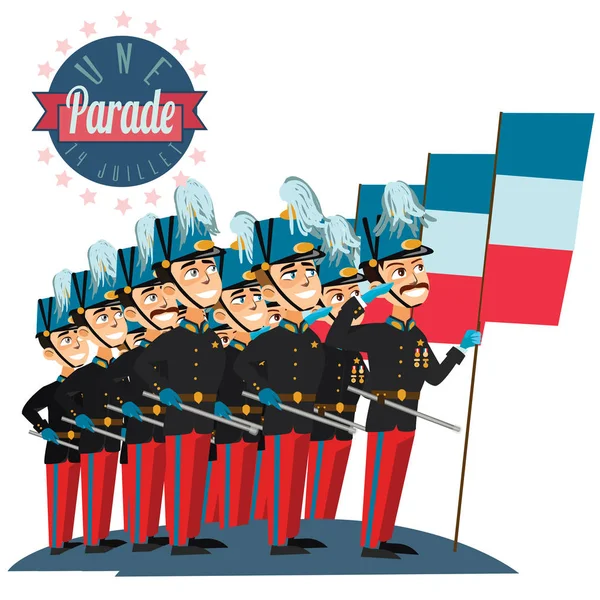 Desfile militar durante o cerimonial do feriado nacional francês Bastille dia ilustração vetorial, exército oficial na cerimônia — Vetor de Stock
