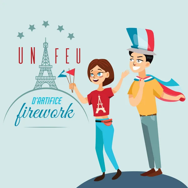 Man en vrouw op nationale feestdag Frankrijk, mensen met vlaggen in de hand lopend onderaan de straat tegen de achtergrond van de Eiffeltoren op Bastille Day vectorillustratie — Stockvector