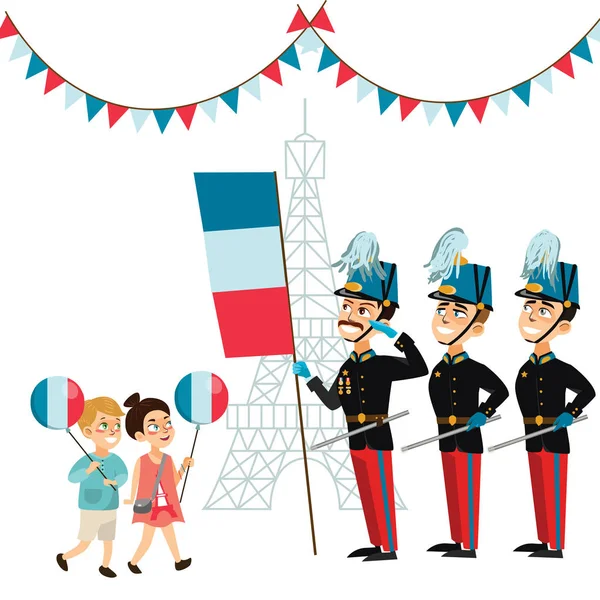 Gelukkige jonge geitjes jongen en meisje met nationale ballonnen kijken militaire parade tijdens ceremoniële van Franse nationale feestdag Bastille day vectorillustratie, officier leger op ceremony — Stockvector