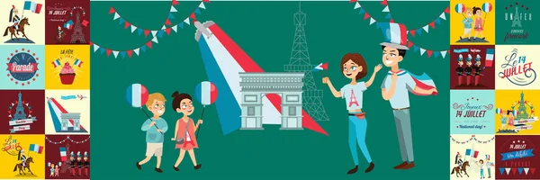 Çocuk erkek ve kız ulusal tatil Fransa, çocuklar balonlu el Eyfel Kulesi, Bastille günü vektör çizim at muhafız çerçevede caddeden aşağı yürüyüş — Stok Vektör