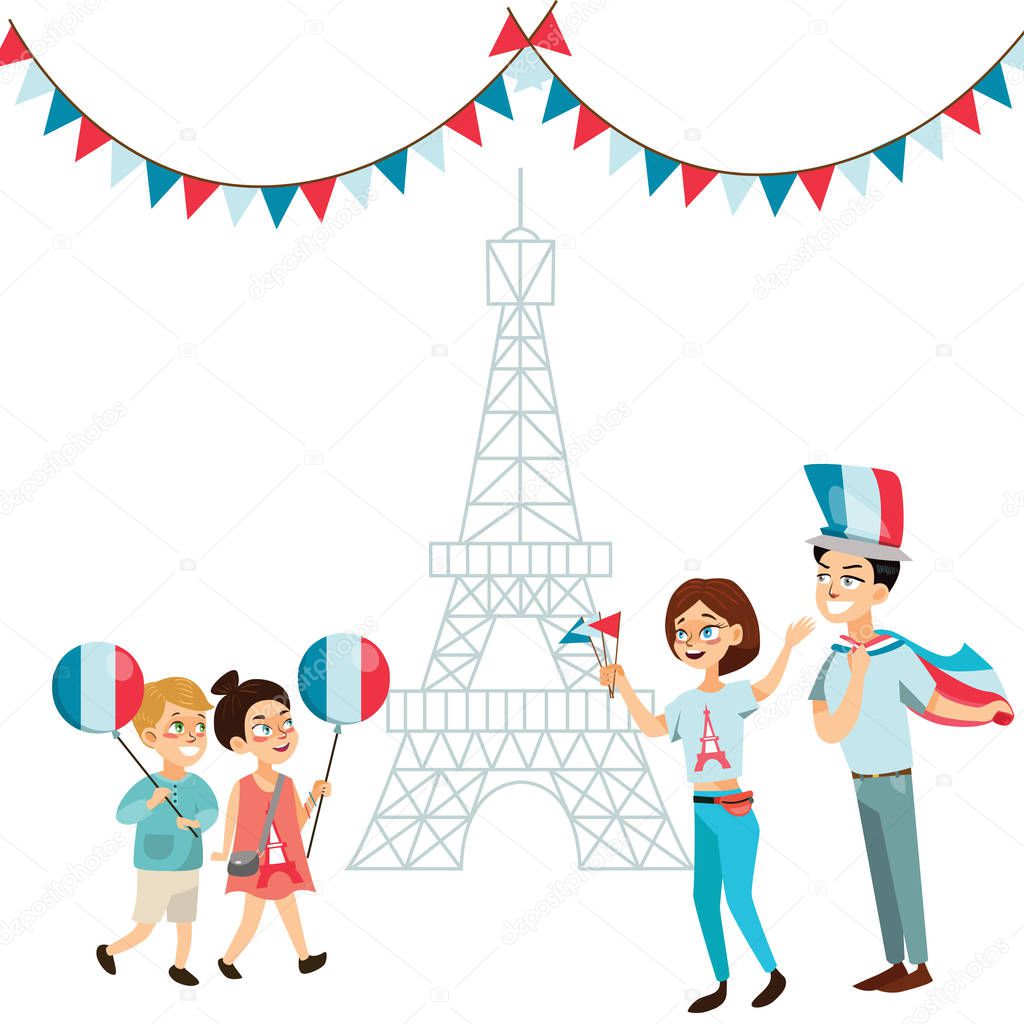 Man and woman on national holiday france, people with flags in hand walking down street against background of eiffel tower on Bastille Day vector illustration