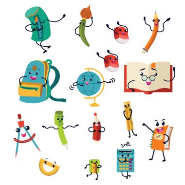 Okul yemek seti, gıda kutuları ve çocuklar çanta illüstrasyon vektör.