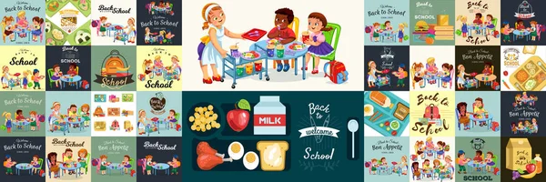 Dîner scolaire ensemble coloré, Composition des affiches avec les élèves déjeuner intérieur de la cantine — Image vectorielle
