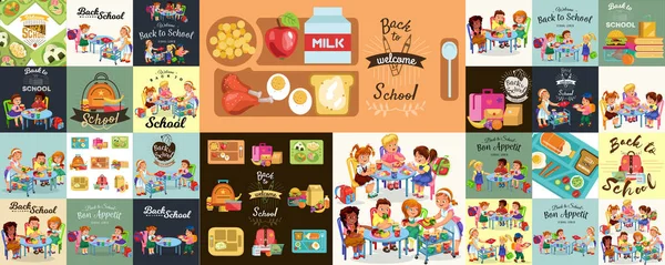 Conjunto almuerzo escolar, Composición de carteles con alumnos almuerzo comedor interior — Vector de stock