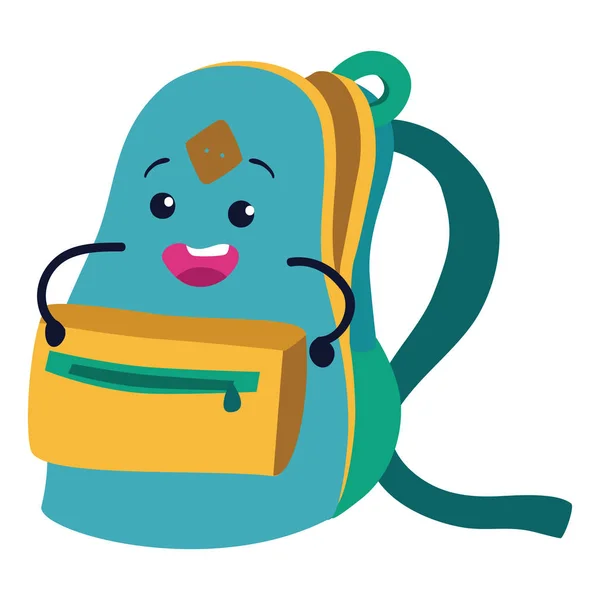 Bolso escolar charracter plano icono, mochila abierta con la cara sonriente — Vector de stock