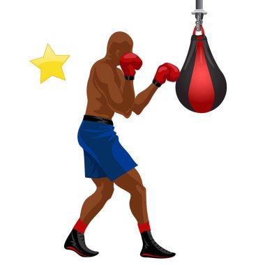 Afro-Amerikan boksör boks punchball mavi şort ve kırmızı eldiven vektör çizim. S