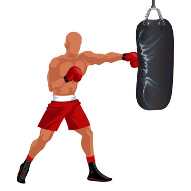 Sporcu Boks kum torbası. Kırmızı profesyonel boxer şort ve isabet kum torbası vektör çizim eldiven.