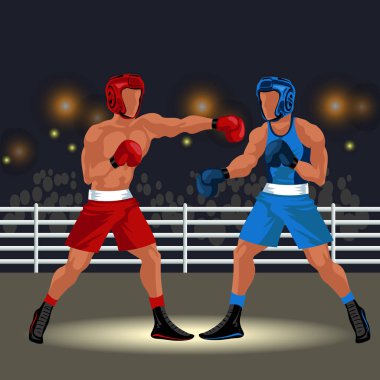 Boks maçında ring düz poster. Spor ve savaş gözlük olay vektör çizim sahip ekipman profesyonel boksörler.