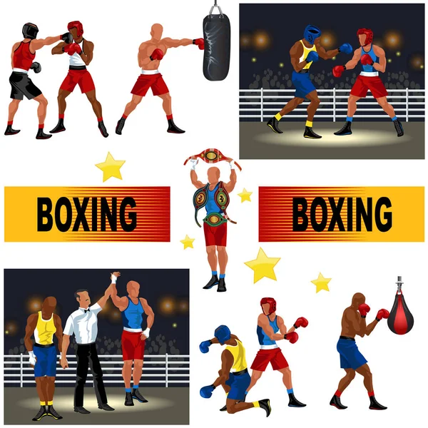 Renkli seti boks oluşur boksörler mücadele halka adam kum torbası ile hakem zafer profesyonel sporcu Şampiyonlar bantlar ile duyurdu. — Stok Vektör