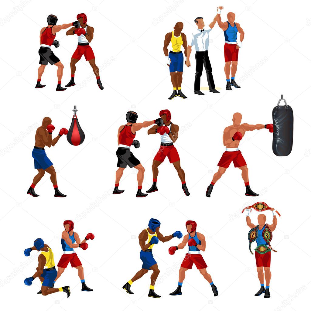Box flat set consist of sparring referee announces victory boxer punching bag knockdown and professional sportsman with champions belts vector illustration