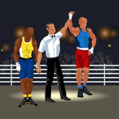 Boks maçında ring düz poster. Spor ve savaş gözlük olay vektör çizim sahip ekipman profesyonel boksörler.