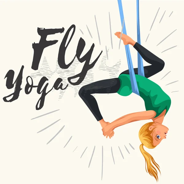 Vliegen yoga vlakke poster met meisje in sportkleding doen one-legged koning of omgekeerde duif luchtfoto pose in hangmat vectorillustratie. — Stockvector