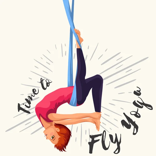 Vliegen yoga vlakke poster met meisje in sportkleding doen one-legged koning of omgekeerde duif luchtfoto pose in hangmat vectorillustratie. — Stockvector