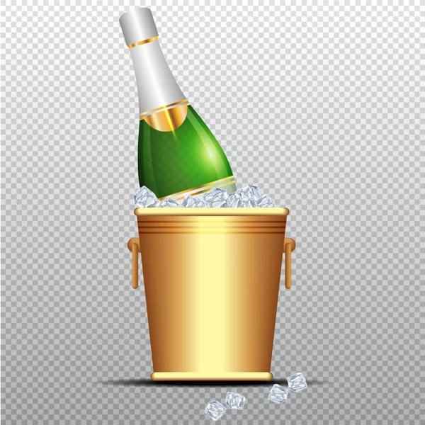 Festive cold bottle of champagne in ice bucket on transparent background — Stock Vector