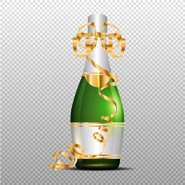 Champagne with gold curly ribbon on transparent background — Stock Vector