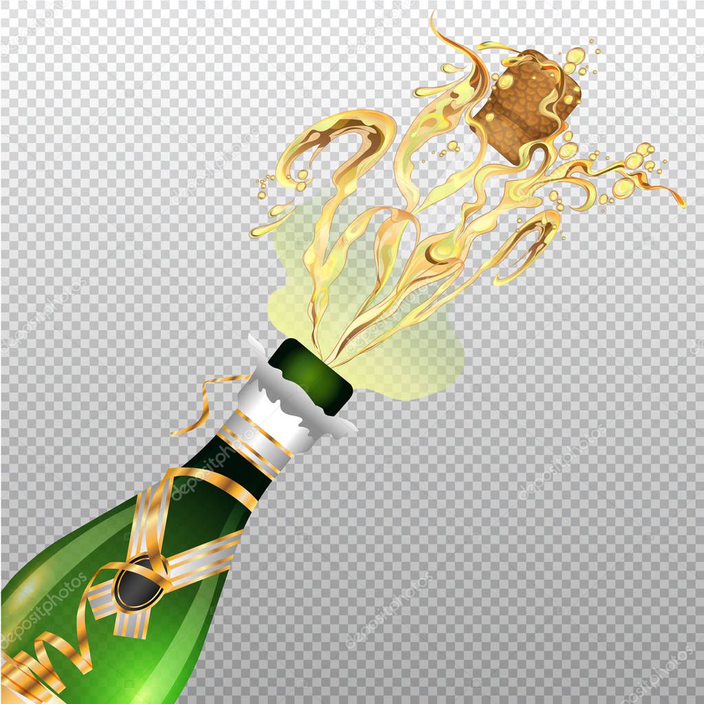 Opened champagne with golden ribbon on transparent background