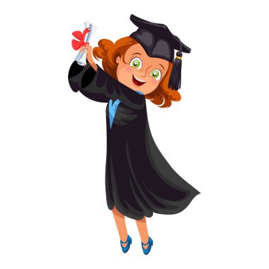 Mutlu gülümseyen kız elbise kap vektör çizim atma diploması ile.