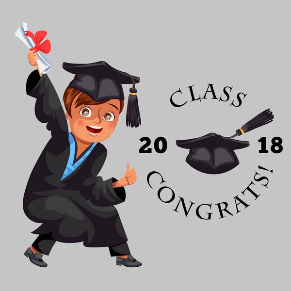 Klasse van 2018 congrats kleurrijke vlakke poster met gelukkig vrolijke afgestudeerd in toga en cap vectorillustratie — Stockvector