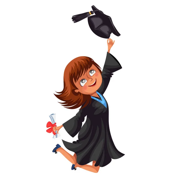 Menina sorridente feliz no vestido com diploma jogando cap vetor ilustração . — Vetor de Stock