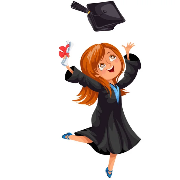 Lyckligt leende flicka i klänning med diplom kasta cap vektorillustration. — Stock vektor