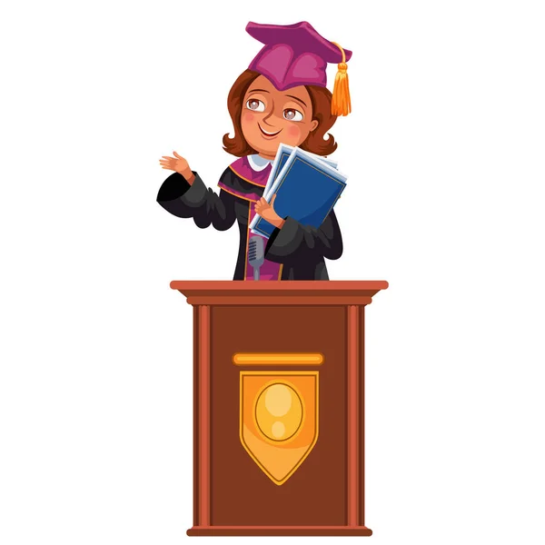 College laurea appartamento poster colorato con felice ragazza laureata in piedi a Tribune e mostrando diploma — Vettoriale Stock