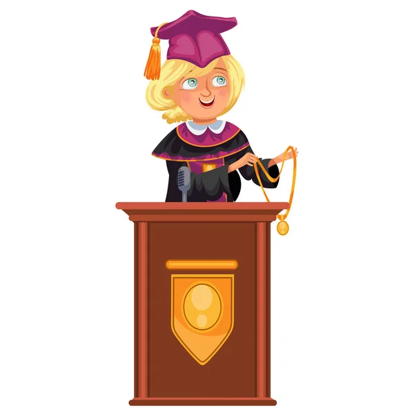 Випускний план коледжу барвистий плакат з щасливою дівчиною випускник стоїть на трибуні і показує диплом — стоковий вектор