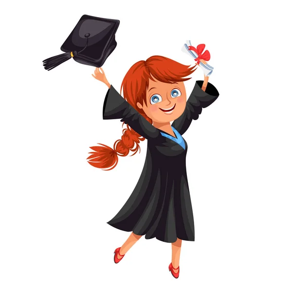 Menina sorridente feliz no vestido com diploma jogando cap vetor ilustração . — Vetor de Stock