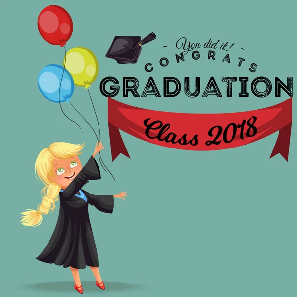 Klasa gratulacje 2018 płaski kolorowy plakat. Szczęśliwy uśmiechający się dziewczyna w sukni z dyplomem rzucanie ilustracja wektorowa WPR. — Wektor stockowy