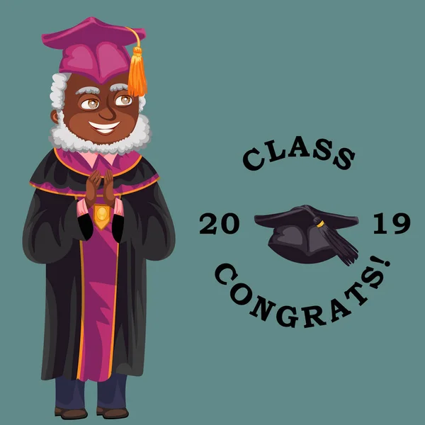 Klasa 2019 gratulacje płaski kolorowy plakat z afro-amerykański nauczyciel stojący w sukni i cap. — Wektor stockowy