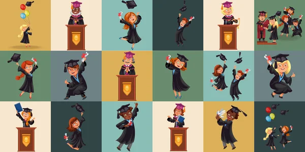 Congrats flat ingesteld. College samenstelling bestaan van afstuderen klasse van 2019 studenten gooien caps meisjes en jongens in gowns met diploma's afgestudeerden partij vectorillustratie. — Stockvector