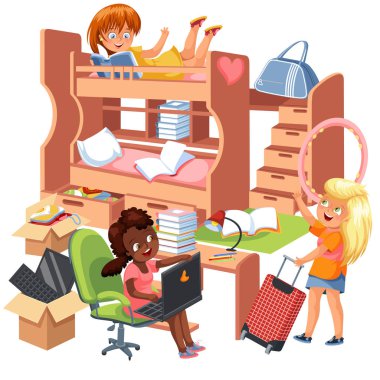 Kızlar yurt oda düz poster. Ev ödevi masa sandalye lamba Kırtasiye Kitap ve ranza vektör çizim için çalışma alanı ile yurt iç tasarım.