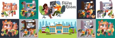 Welcome back to dorm room colorful flat set consist of interior of students apartments and building of dormitory vector illustration. clipart