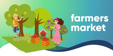 İki kız meyve bahçesi düz poster meyve toplama