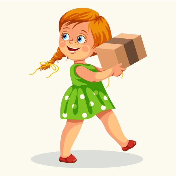 Cute little girl carrying cardboard box poster — Stock Vector