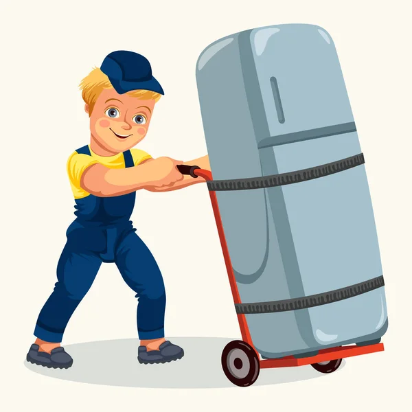 Cartoon porter transporting fridge by cart poster — Stock Vector