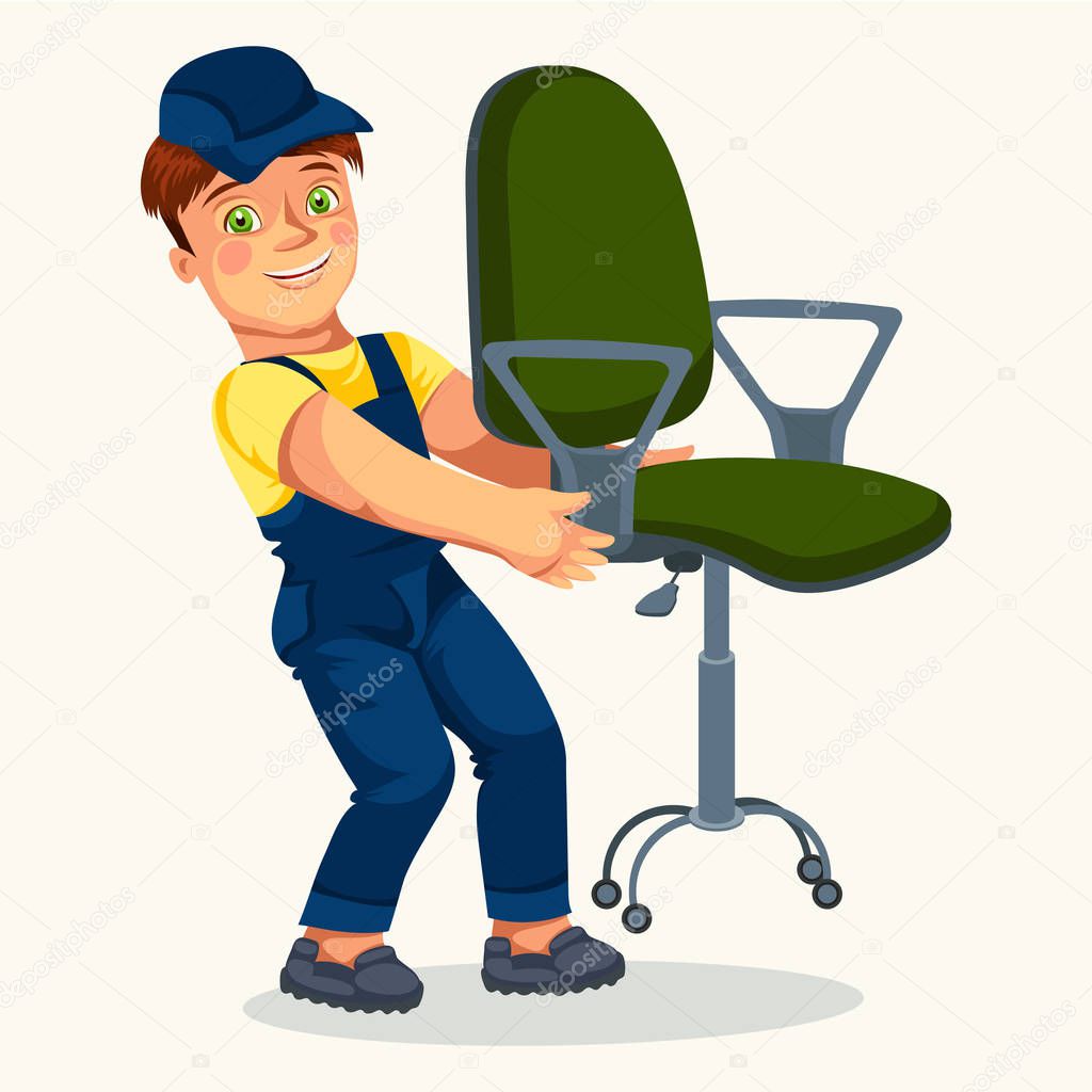 Smiling loader man holding office armchair poster
